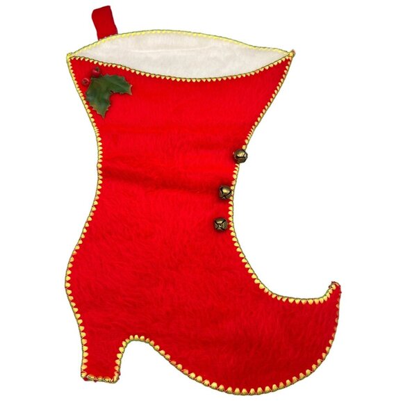 Unbranded Other - Vintage Christmas Stocking High Heel Boot with Bells and Holly Soft Fur 15" Tall